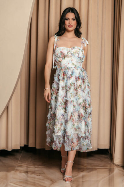Φόρεμα midi floral με τούλι και διακοσμητικές πεταλούδες baby blue