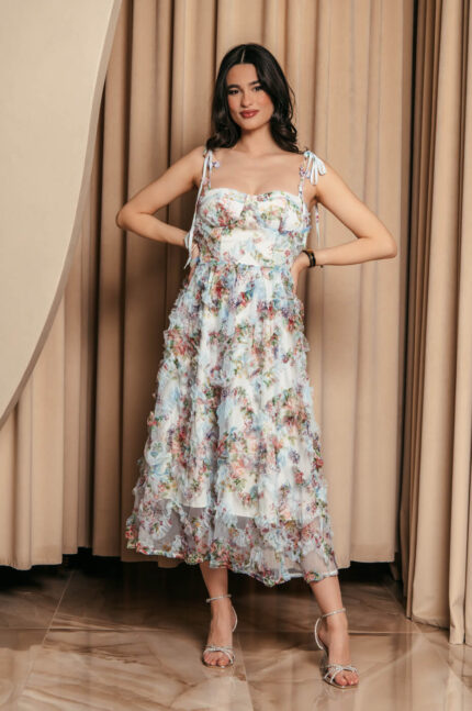 Φόρεμα midi floral με τούλι και διακοσμητικές πεταλούδες baby blue