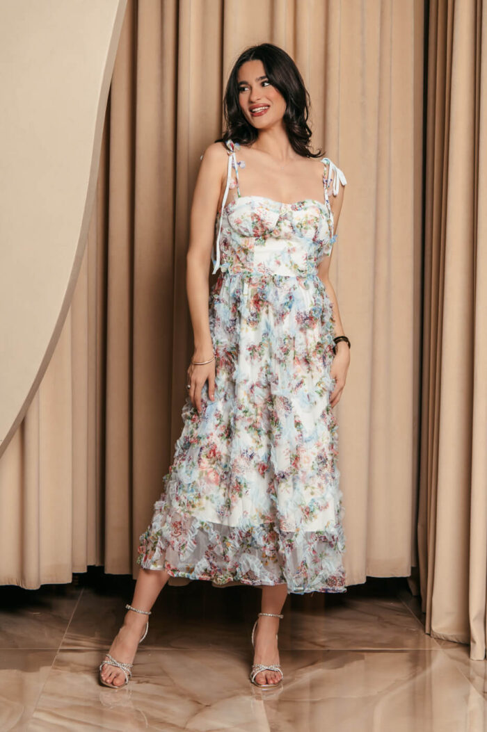 Φόρεμα midi floral με τούλι και διακοσμητικές πεταλούδες baby blue