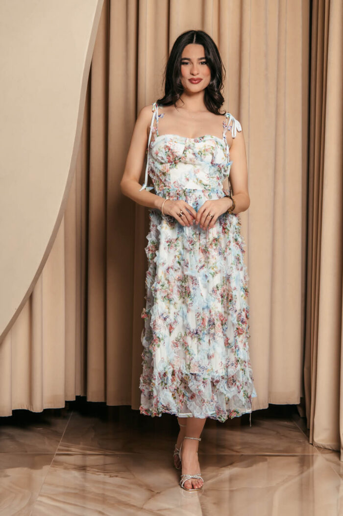 Φόρεμα midi floral με τούλι και διακοσμητικές πεταλούδες baby blue