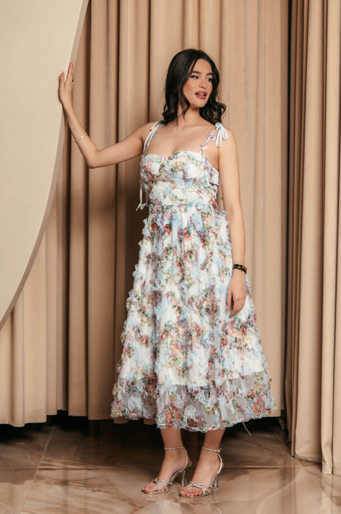 Φόρεμα midi floral με τούλι και διακοσμητικές πεταλούδες baby blue