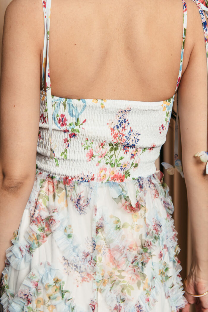 Φόρεμα midi floral με τούλι και διακοσμητικές πεταλούδες baby blue