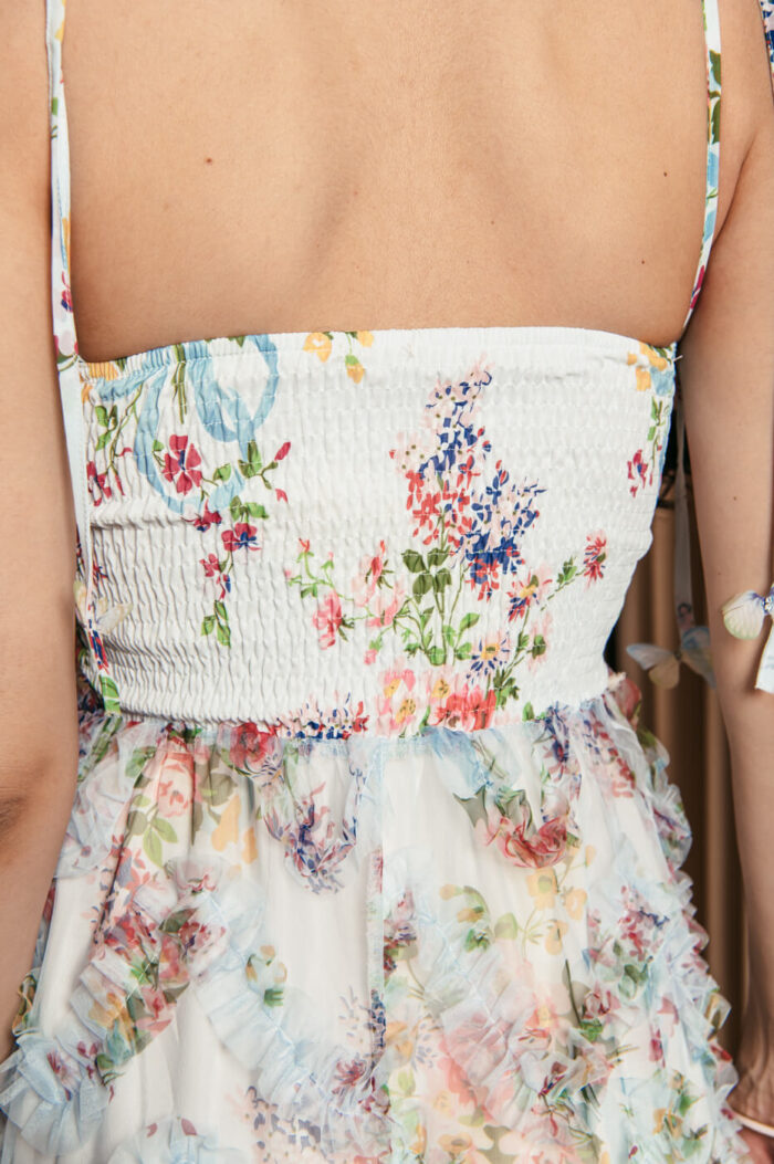 Φόρεμα midi floral με τούλι και διακοσμητικές πεταλούδες baby blue