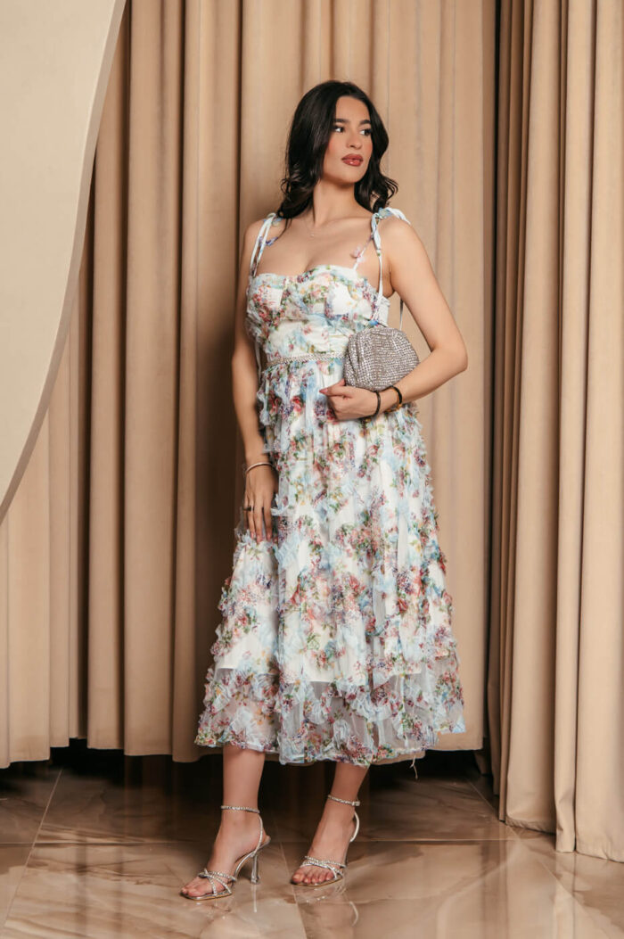 Φόρεμα midi floral με τούλι και διακοσμητικές πεταλούδες baby blue