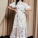 Φόρεμα maxi floral balloon μανίκια με στρας λευκό λιλά