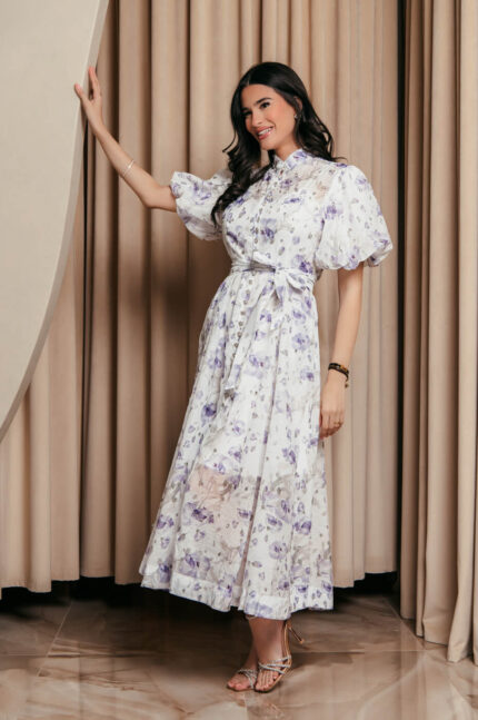 Φόρεμα maxi floral balloon μανίκια με στρας λευκό λιλά