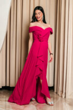 Φόρεμα maxi off shoulder με 3D λουλούδι ματζέντα - Image 3