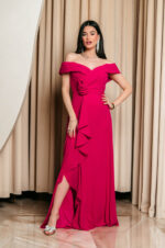 Φόρεμα maxi off shoulder με 3D λουλούδι ματζέντα - Image 6