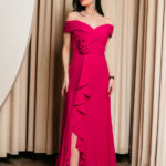 Φόρεμα maxi off shoulder με 3D λουλούδι ματζέντα