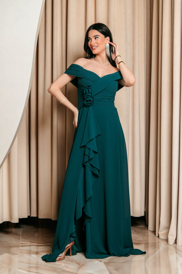 Φόρεμα maxi off shoulder με 3D λουλούδι κυπαρισσί - Image 8