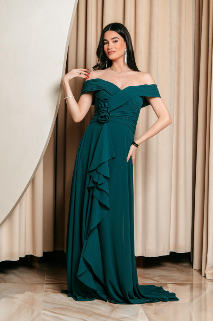 Φόρεμα maxi off shoulder με 3D λουλούδι κυπαρισσί - Image 6
