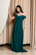 Φόρεμα maxi off shoulder με 3D λουλούδι κυπαρισσί - Image 3