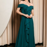 Φόρεμα maxi off shoulder με 3D λουλούδι κυπαρισσί