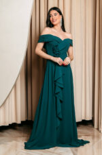 Φόρεμα maxi off shoulder με 3D λουλούδι κυπαρισσί