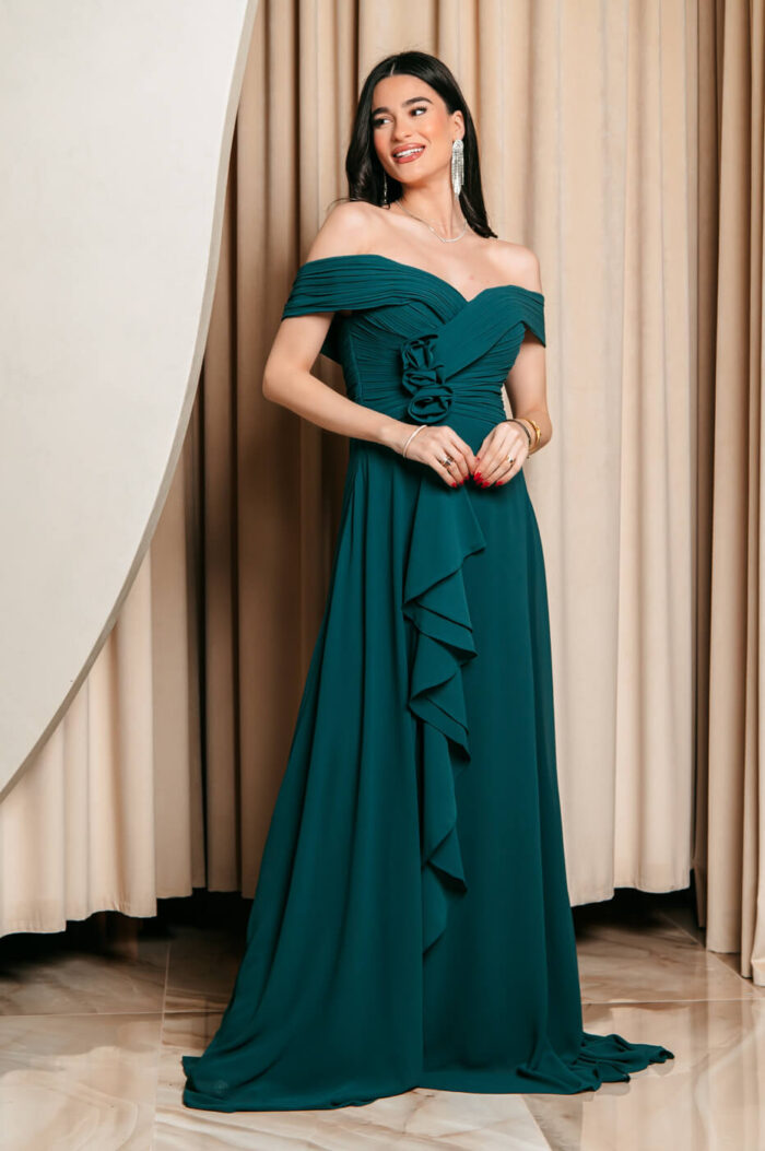 Φόρεμα maxi off shoulder με 3D λουλούδι κυπαρισσί