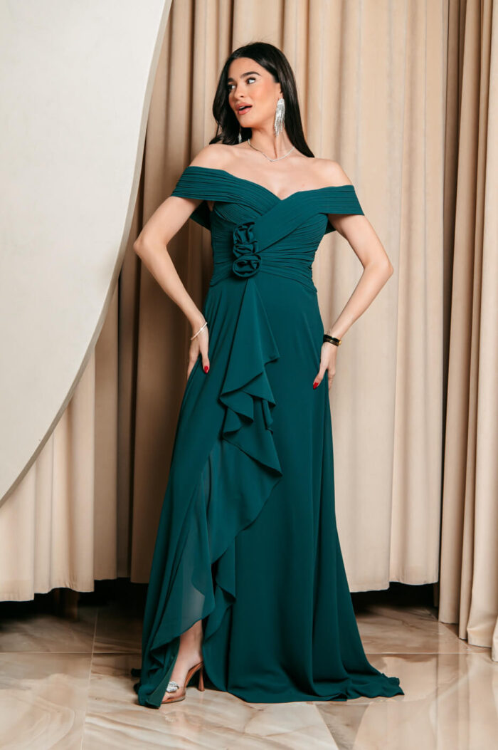 Φόρεμα maxi off shoulder με 3D λουλούδι κυπαρισσί - Image 7