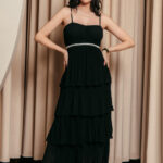Φόρεμα maxi μαύρο με Βολάν και λεπτές τιράντες