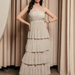 Φόρεμα maxi μπεζ με Βολάν και λεπτές τιράντες