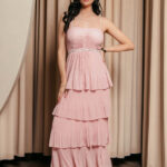 Φόρεμα maxi ροζ με Βολάν και λεπτές τιράντες