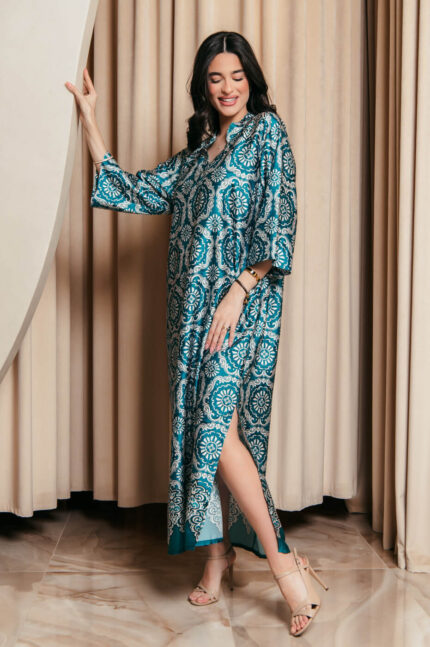 Σατέν Τουνίκ φόρεμα με μπορντούρα και πλαϊνά σκισίματα πράσινο