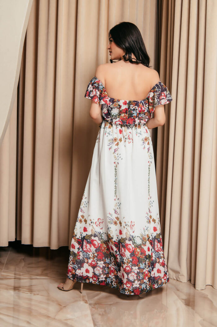 Off Shoulder λευκό Φόρεμα με floral print και βολάν