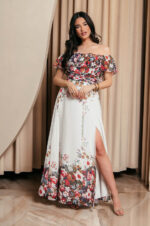 Off Shoulder λευκό Φόρεμα με floral print και βολάν