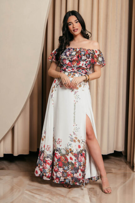Off Shoulder λευκό Φόρεμα με floral print και βολάν