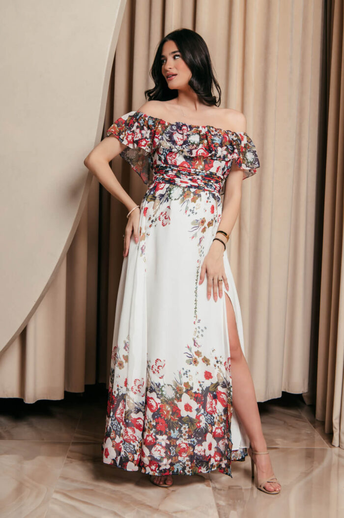 Off Shoulder λευκό Φόρεμα με floral print και βολάν