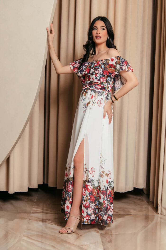 Off Shoulder λευκό Φόρεμα με floral print και βολάν