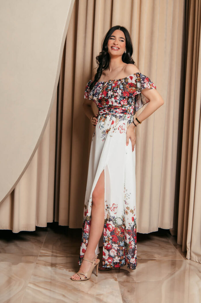 Off Shoulder λευκό Φόρεμα με floral print και βολάν