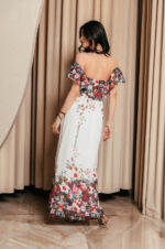 Off Shoulder λευκό Φόρεμα με floral print και βολάν