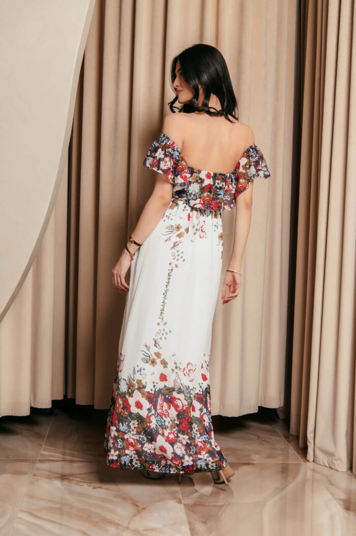 Off Shoulder λευκό Φόρεμα με floral print και βολάν