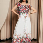 Off Shoulder λευκό Φόρεμα με floral print και βολάν