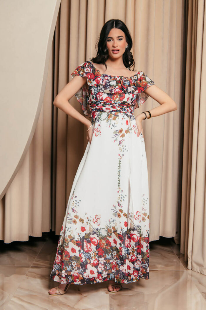 Off Shoulder λευκό Φόρεμα με floral print και βολάν