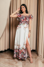 Off Shoulder λευκό Φόρεμα με floral print και βολάν