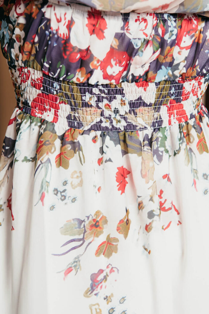 Off Shoulder λευκό Φόρεμα με floral print και βολάν