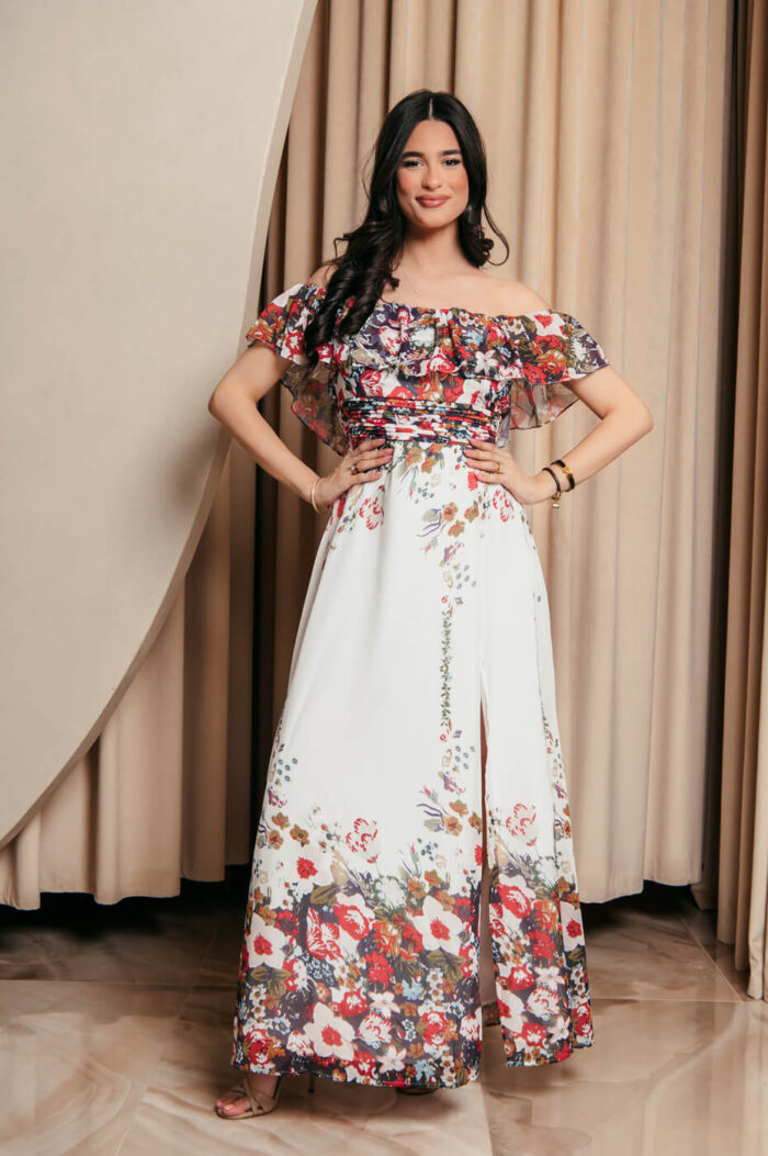 Off Shoulder λευκό Φόρεμα με floral print και βολάν