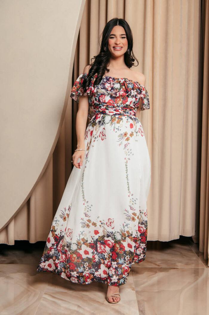 Off Shoulder λευκό Φόρεμα με floral print και βολάν