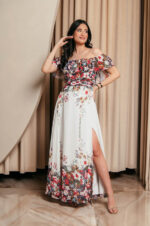 Off Shoulder λευκό Φόρεμα με floral print και βολάν