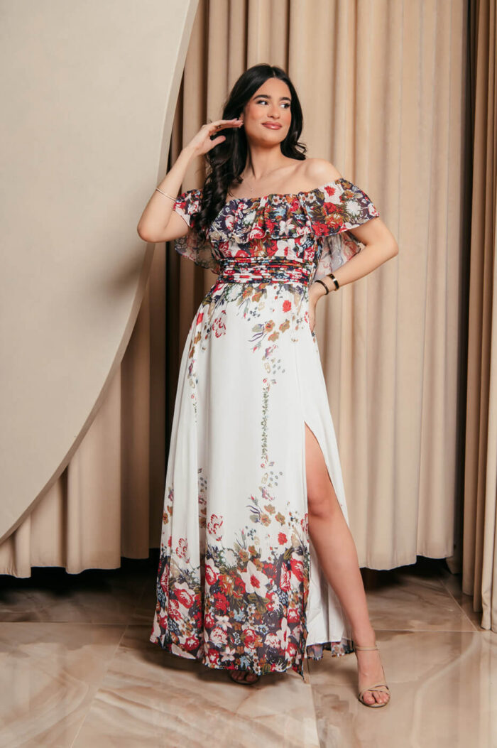 Off Shoulder λευκό Φόρεμα με floral print και βολάν
