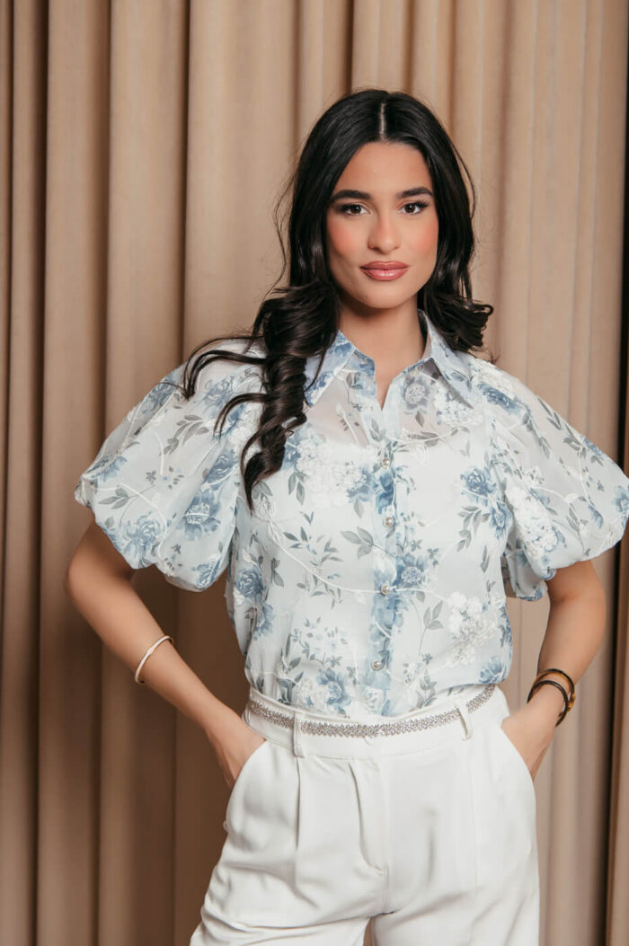 Πουκάμισο μουσελίνα με floral print και κεντημένα λουλούδια