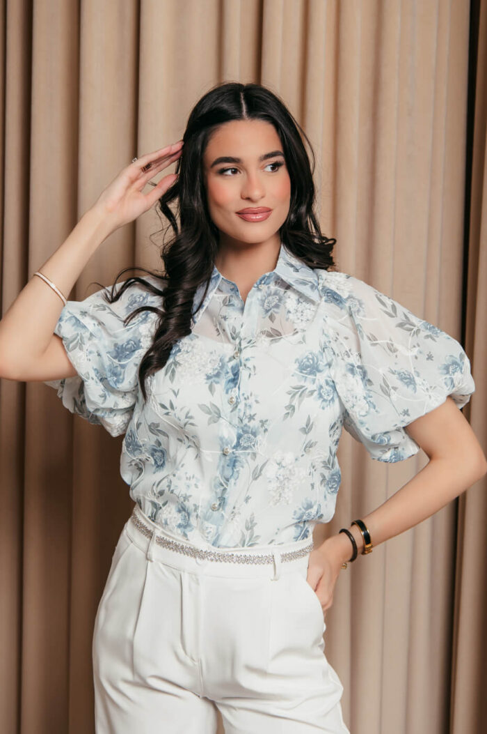 Πουκάμισο μουσελίνα με floral print και κεντημένα λουλούδια