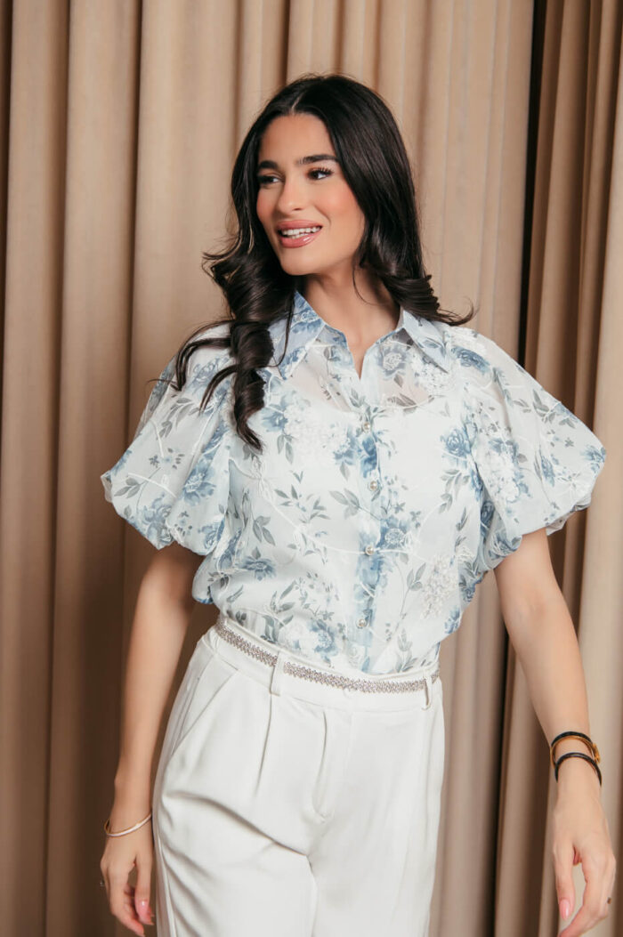 Πουκάμισο μουσελίνα με floral print και κεντημένα λουλούδια