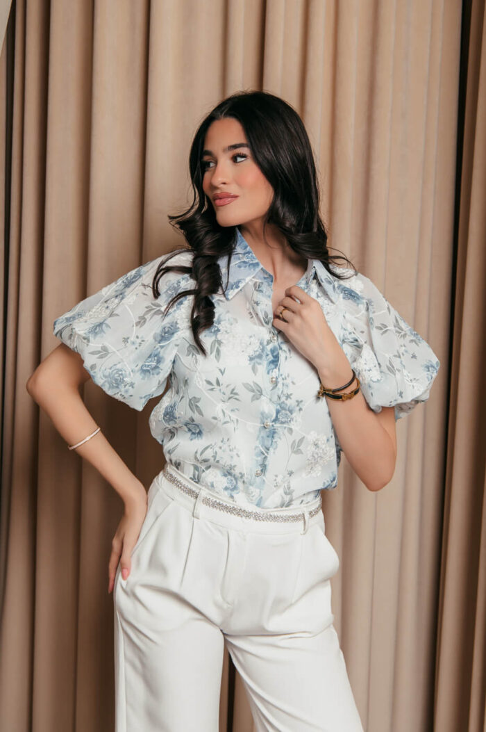 Πουκάμισο μουσελίνα με floral print και κεντημένα λουλούδια