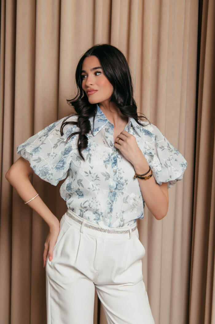 Πουκάμισο μουσελίνα με floral print και κεντημένα λουλούδια