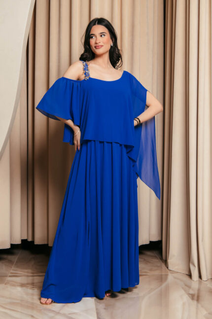 Μπλε Μάξι Φόρεμα με βολάν και χρυσή λεπτομέρεια