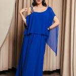 Μπλε Μάξι Φόρεμα με βολάν και χρυσή λεπτομέρεια