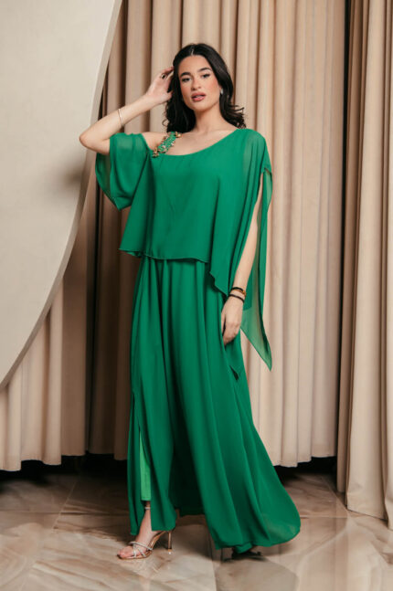 Κυπαρισσί Μάξι Φόρεμα με βολάν και χρυσή λεπτομέρεια