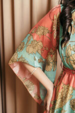 Φόρεμα maxi καμένο πορτοκαλί με χυτο μανίκι και floral print