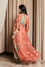 Φόρεμα maxi καμένο πορτοκαλί με χυτο μανίκι και floral print